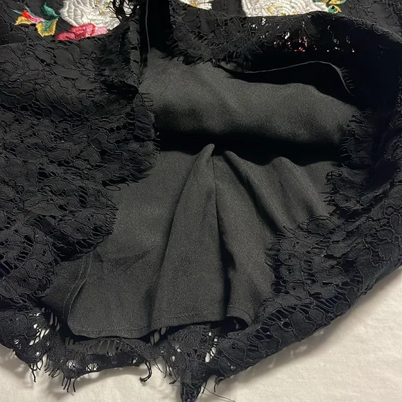 Embroidered Flowers Lace Luxury 3/4 Sleeve Midi Black lined Dress Back and front